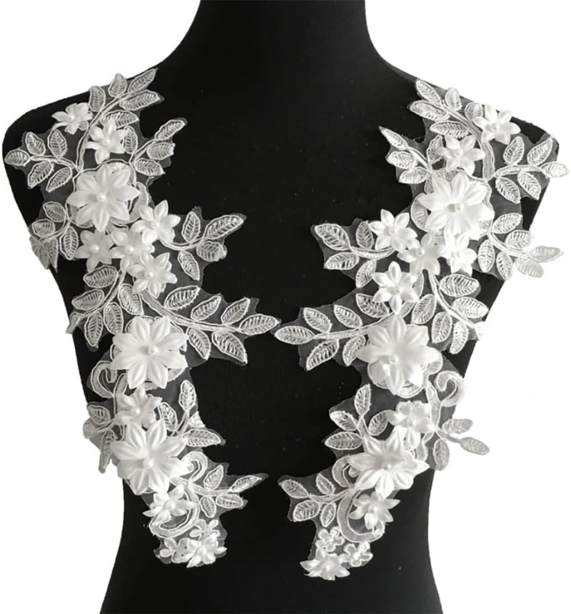 Ruinuo 3D Lace Beads Flower Applique Patches Sew on Patches Embroidery Appliques Rhinestone Sewing Wedding Dress Collar Decor White - Image 1